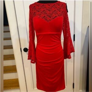 INC NEW peek a boo lace bell sleeve midi dress red shirred bodycon holiday MP
